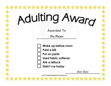 Adulting Award certificate