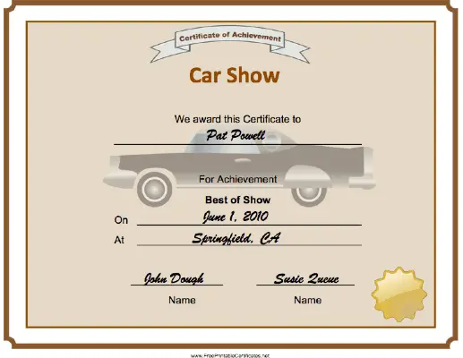 Car Show Best of Show certificate