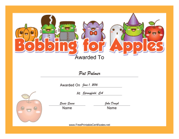 Halloween Bobbing for Apples certificate