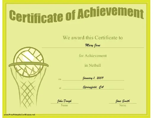 Achievement in Netball certificate