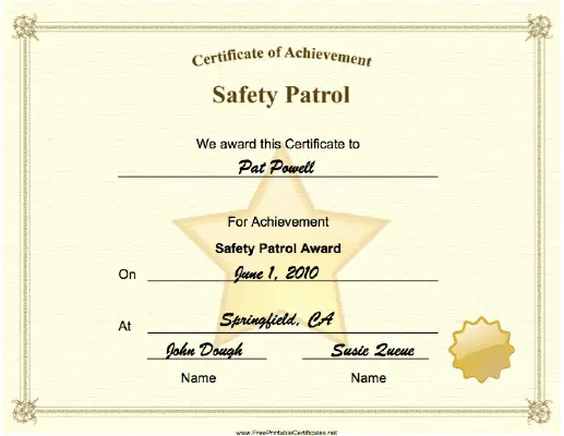 Safety Patrol Achievement certificate