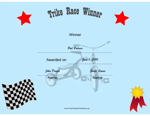 Tricycle Race Winner certificate