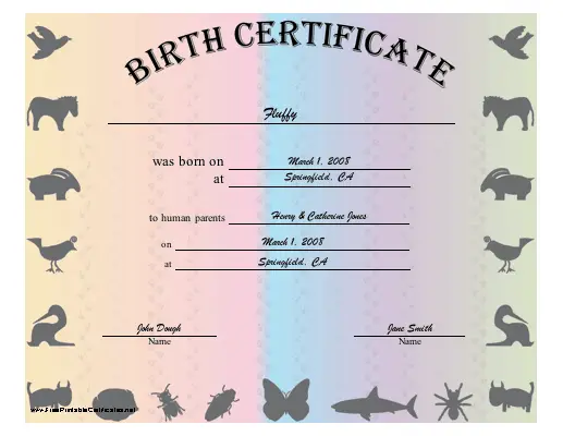 Birth Certificate for Pets certificate