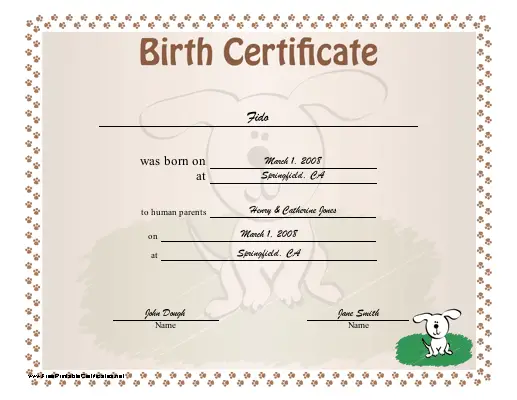 Birth Certificate for Puppies certificate