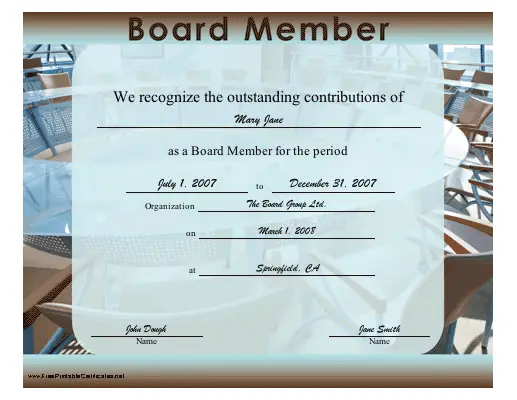 Board Member certificate