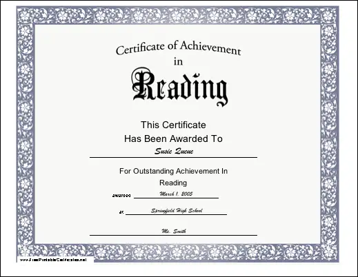 Achievement for Reading certificate