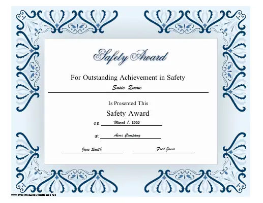 Safety Award certificate