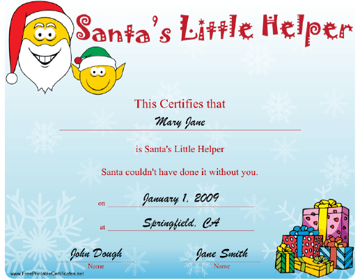 Santa's Little Helper certificate