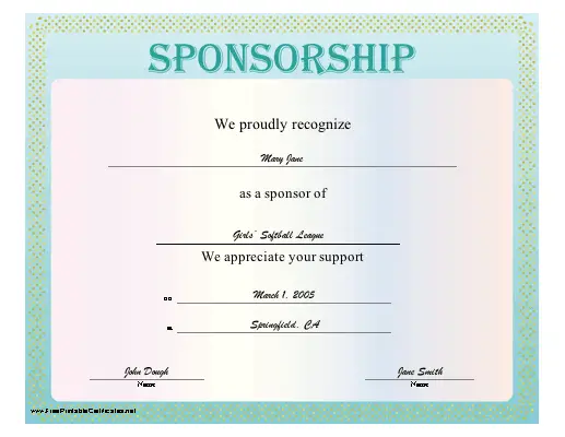 Sponsorship certificate