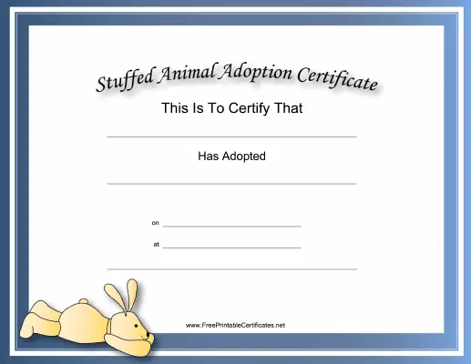 Adoption Certificate Stuffed Animal Bunny Academic