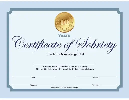 10 Years Sobriety Certificate (Blue)