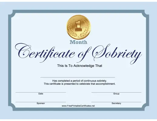 1 Month Sobriety Certificate (Blue)