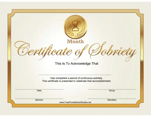 1 Month Sobriety Certificate (Gold)