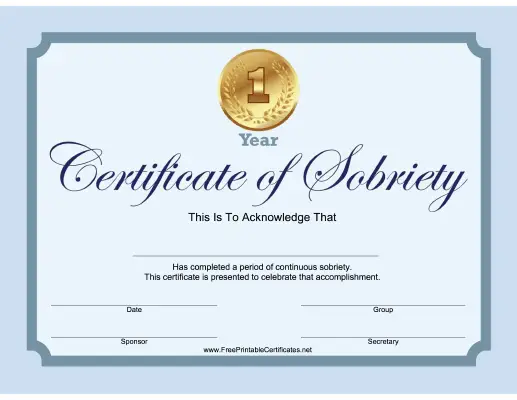 1 Year Sobriety Certificate (Blue)
