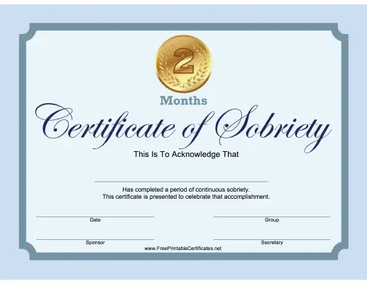 2 Months Sobriety Certificate (Blue)