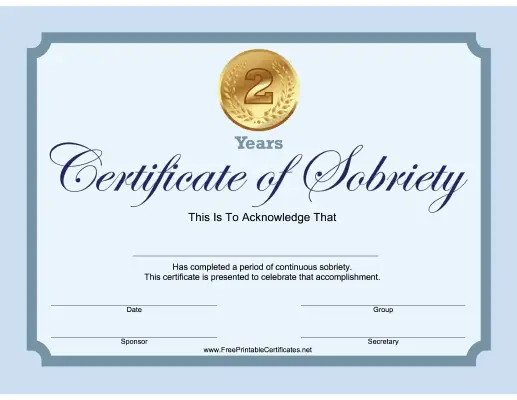 2 Years Sobriety Certificate (Blue)