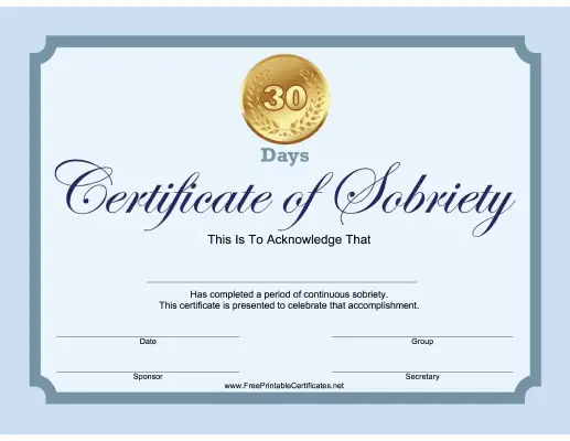 30 Days Sobriety Certificate (Blue)