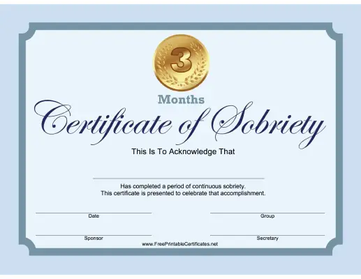 3 Months Sobriety Certificate (Blue)