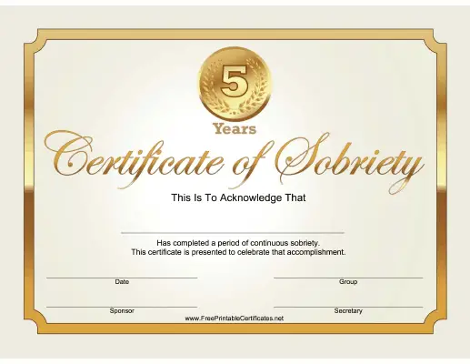5 Years Sobriety Certificate (Gold)