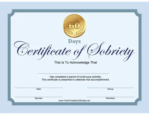 60 Days Sobriety Certificate (Blue)