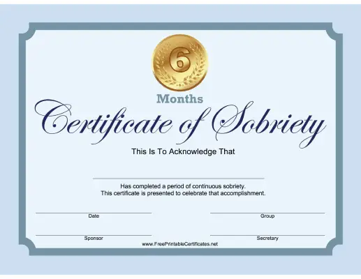 6 Months Sobriety Certificate (Blue)