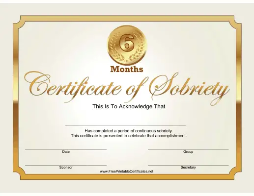 6 Months Sobriety Certificate (Gold)