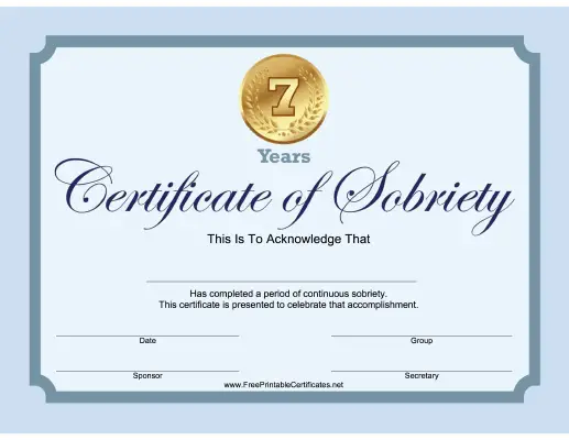 7 Years Sobriety Certificate (Blue)