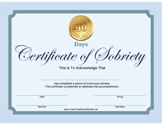 90 Days Sobriety Certificate (Blue)