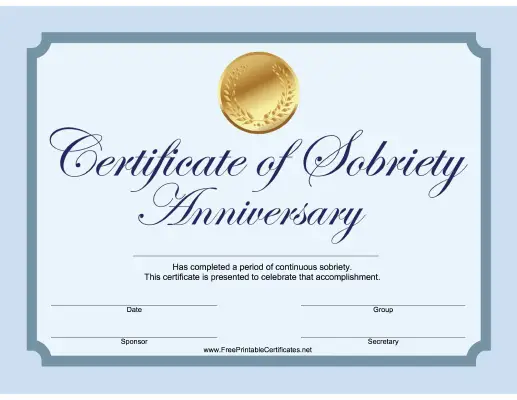Sobriety Anniversary Certificate (Blue)