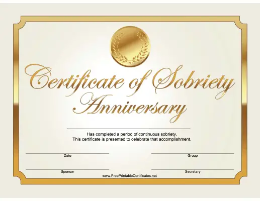Sobriety Anniversary Certificate (Gold)