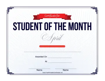 Student of the Month Certificate for April