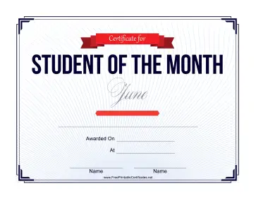 Student of the Month Certificate for June