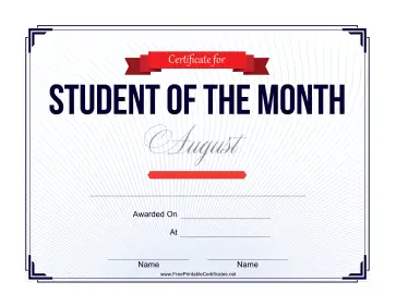 Student of the Month Certificate for August