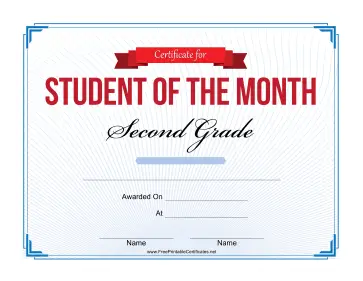 Student of the Month Certificate for Second Grade