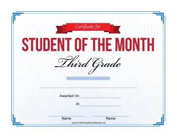 Student of the Month Certificate for Third Grade