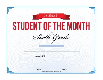 Student of the Month Certificate for Sixth Grade