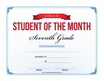 Student of the Month Certificate for Seventh Grade