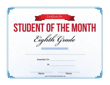 Student of the Month Certificate for Eighth Grade