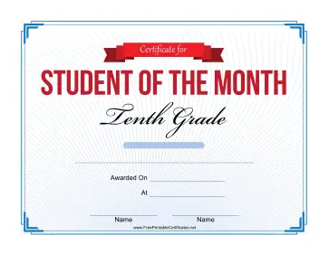 Student of the Month Certificate for Tenth Grade