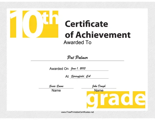 10th Grade Achievement certificate