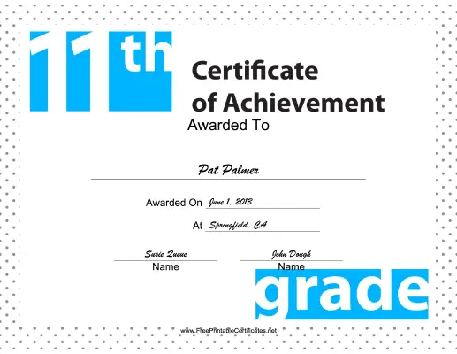 11th Grade Achievement certificate