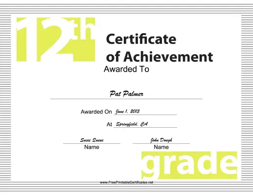 12th Grade Achievement certificate