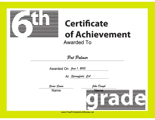 6th Grade Achievement certificate