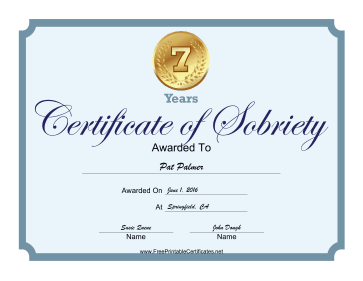 7 Years Sober certificate