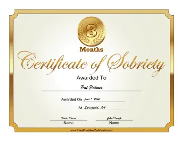 8 Months Sober certificate