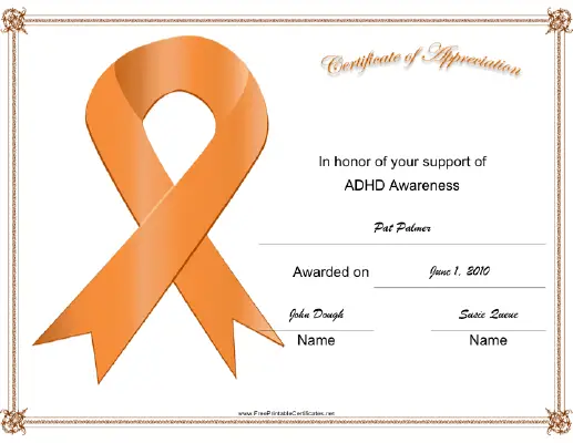 ADHD Awareness Ribbon certificate