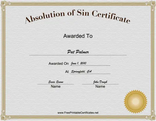 Absolution of Sin certificate