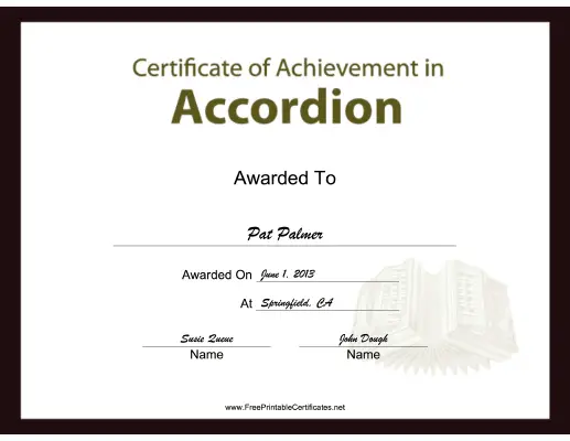 Accordion Instrumental Music certificate