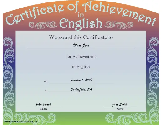 Achievement in English certificate