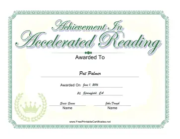 Achievement In Accelerated Reading certificate